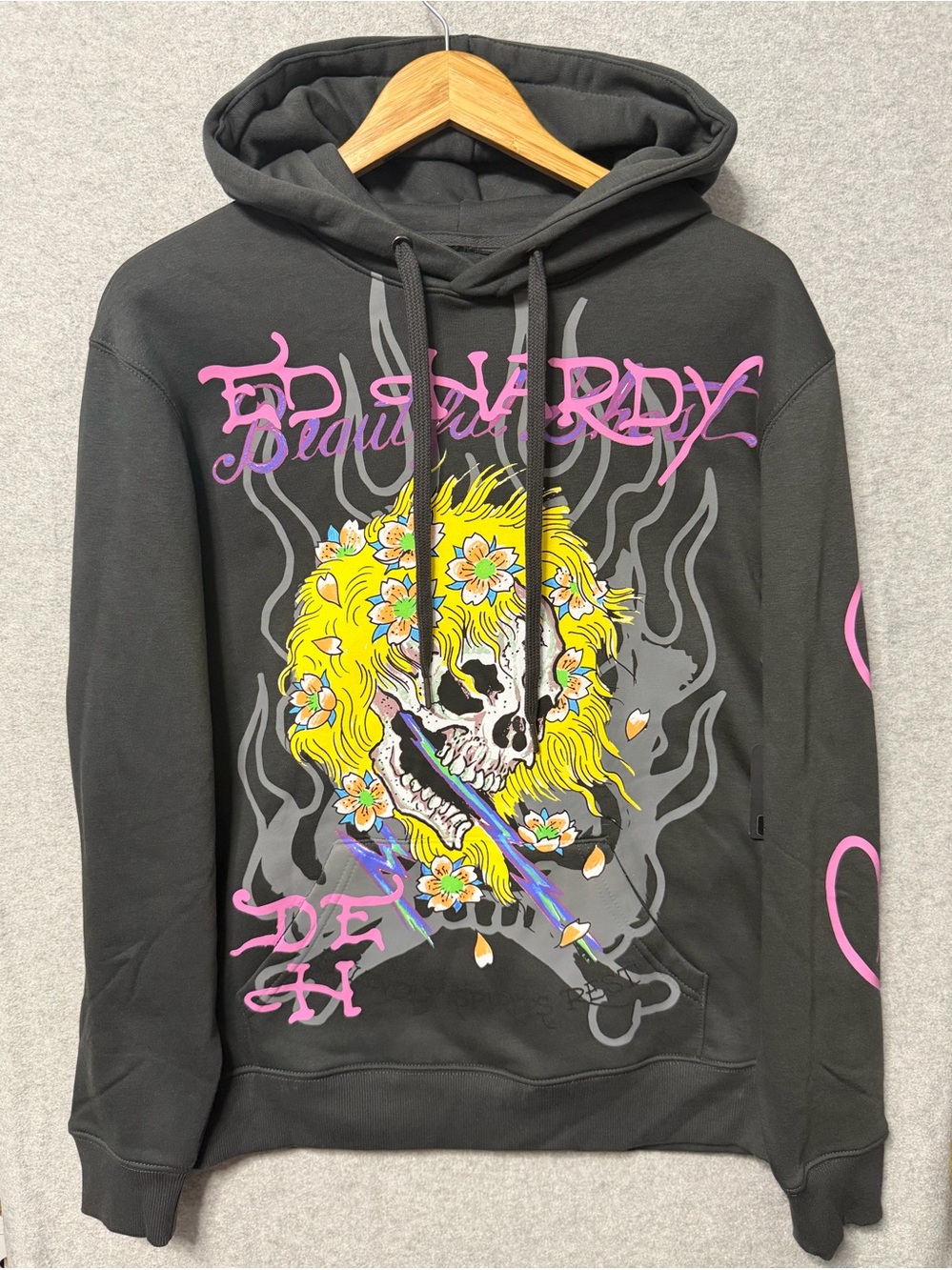 Ed Hardy Men’s Beauty Ghost Hoodie Medium Charcoal Gray Skull NWT